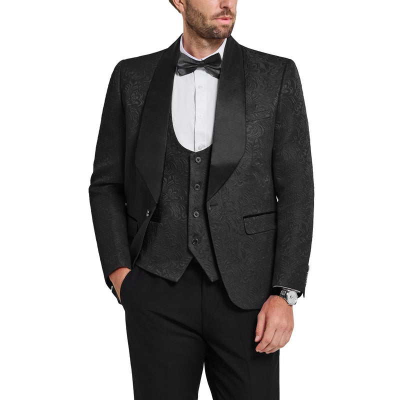 YND Men's 3 Piece Slim Fit Tuxedo Set, Solid Shawl Collar Jacquard Jacket Vest Button Pants, Black - Image 1